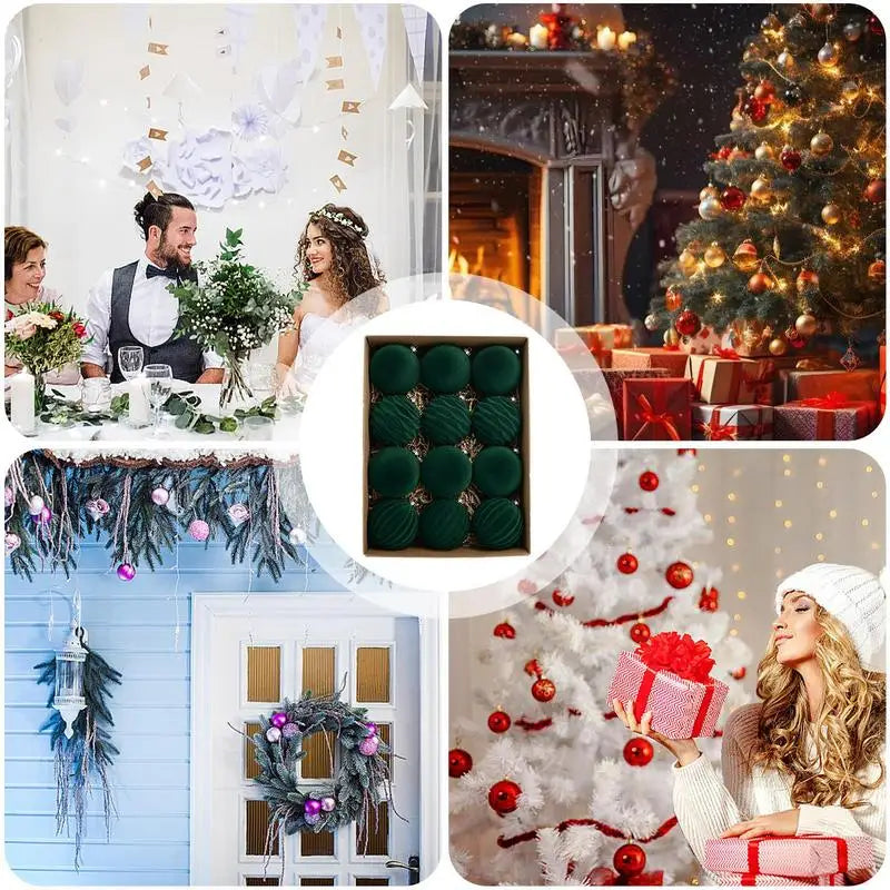 Christmas Balls Christmas Tree Decor 12 Pack Luxurious Green Flocked Christmas Ornaments Ball Bauble for Christmas Theme Party
