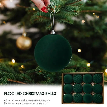 Christmas Balls Christmas Tree Decor 12 Pack Luxurious Green Flocked Christmas Ornaments Ball Bauble for Christmas Theme Party