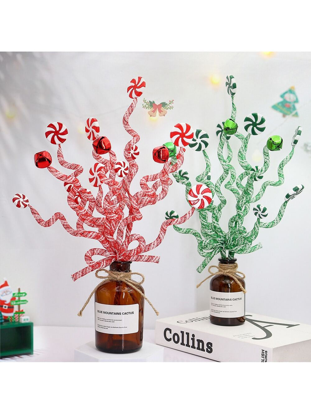 Christmas Bells Curly Pick Red White Christmas Picks Candy Shape Christmas Tree Picks Christmas Ornaments Christmas Tree Decorations Home Office Vase Party Ornaments,Christmas