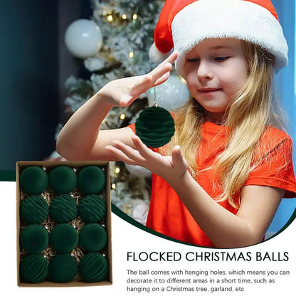 Christmas Balls Christmas Tree Decor 12 Pack Luxurious Green Flocked Christmas Ornaments Ball Bauble for Christmas Theme Party